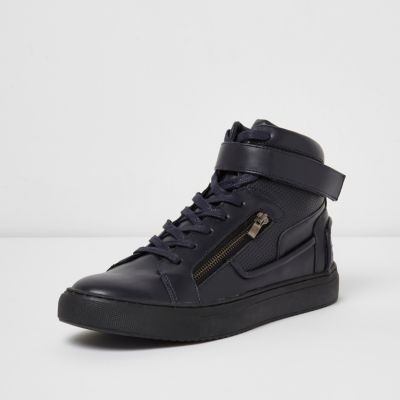 Navy blue hi top strap trainers